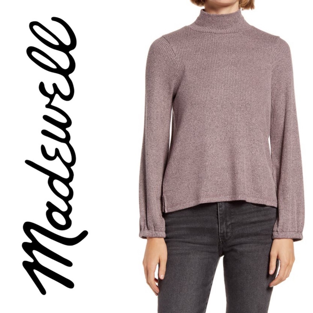 Madewell Mock Neck Bubble Sleeve Ribbed Knit Top Purple Small